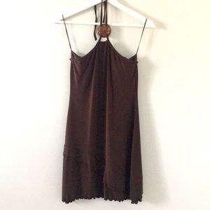 Brown strapless, bra-top dress, Victoria’s Secret.